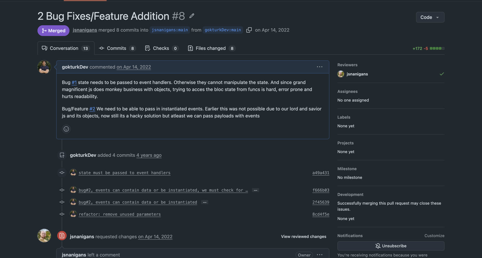 jsnanigans/blac projesindeki 8 numaralı GitHub pull request’im. İki hata düzeltmesini ve 14 Nisan 2022’de merge edildiğini gösteriyor.