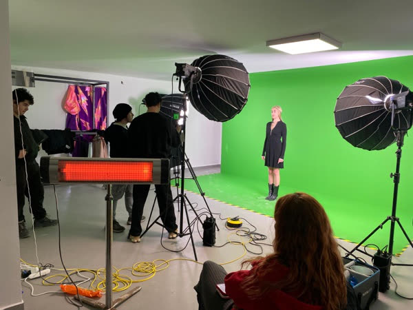 Cameras, lights and a green screen at the Nova Replica recording setup.