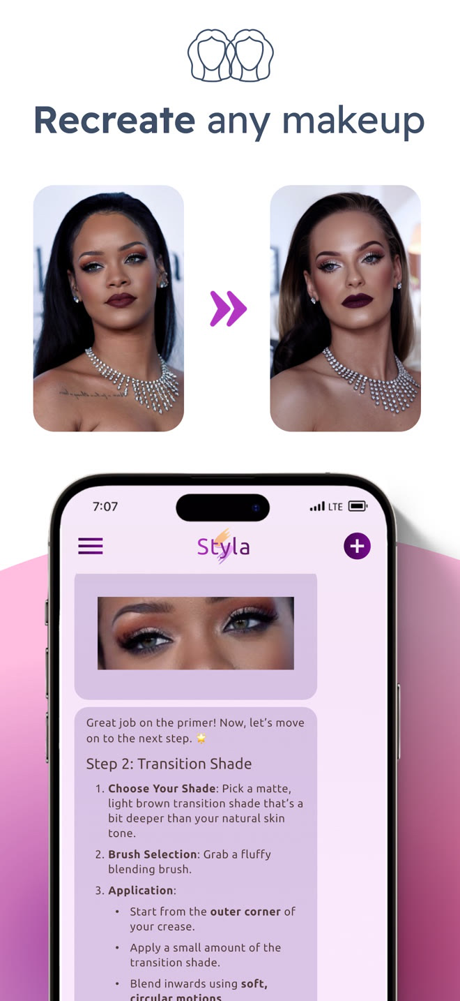 Stylingmate App Store screenshot showing a reference makeup look and personalized eye makeup instructions.