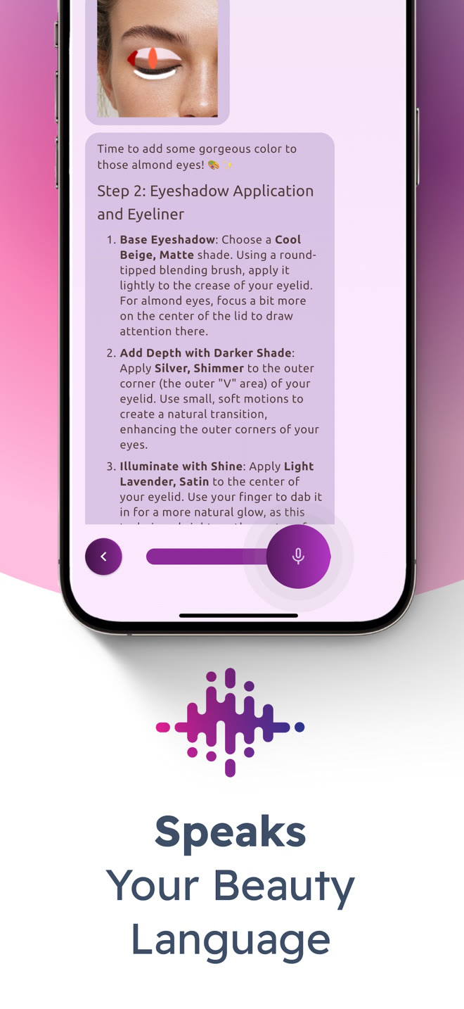 Stylingmate App Store screenshot showing illustrated eyeshadow instructions in the chat-based tutorial.